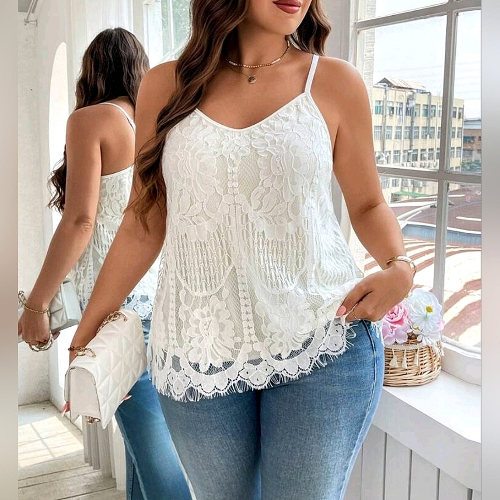 New Boho Scalloped Lace Overlay Cami Tank Top Off White Cream - Picture 1 of 9